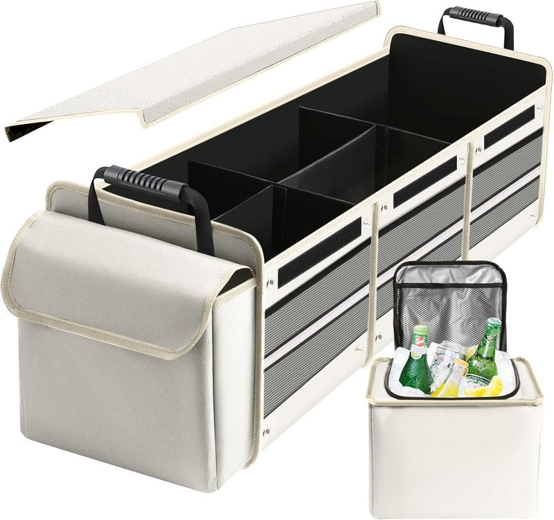 AOPHY Car Trunk Organizer with Insulated Leakproof Cooler Bag, 4 in 1 Waterproof Portable Car Storage Organizer with Collapsible Cover, 3 Large Compartments, Trunk Organizer for SUV, Car, Truck (Beige) - Image 1